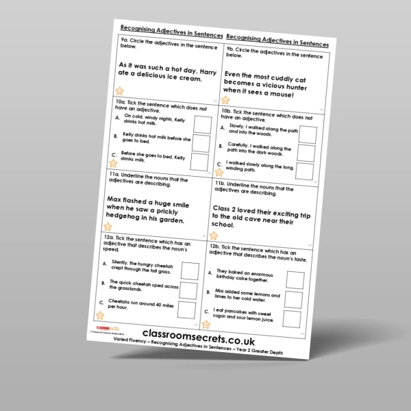 An image of the Recognising Adjectives in Sentences Varied Fluency Resource