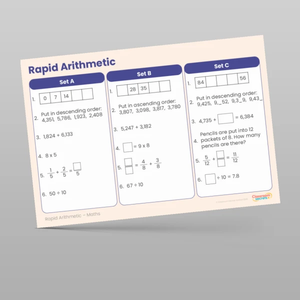 An image of the Summer 1 Week 1 Rapid Arithmetic Resource