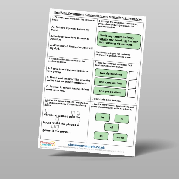 An image of the Identifying Determiners, Conjunctions and Prepositions in Sentences Mixed Activity Resource