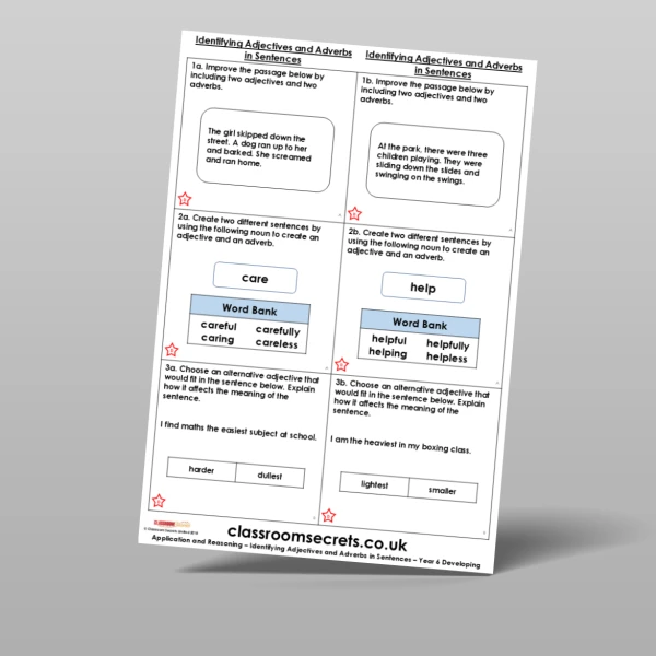 An image of the Identifying Adjectives and Adverbs in Sentences Application and Reasoning Resource
