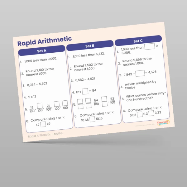 An image of the Summer 2 Week 1 Rapid Arithmetic Resource