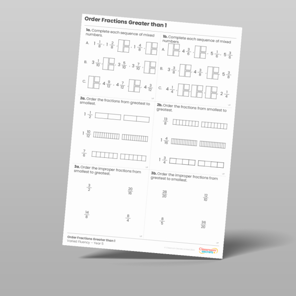 Year 5 Order Fractions Greater Than 1 Varied Fluency Resource ...