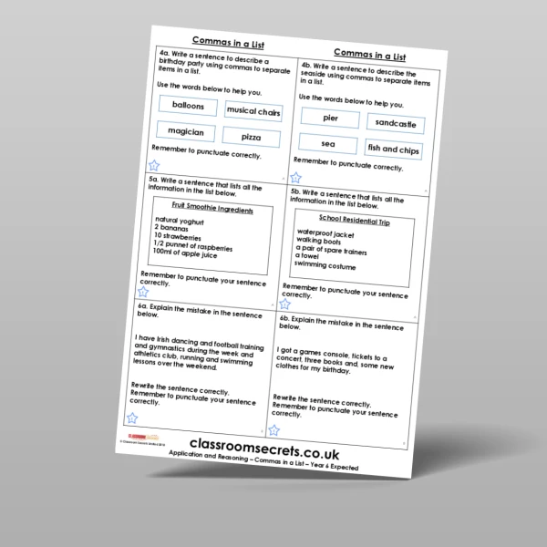 An image of the Commas in a List Application and Reasoning Resource