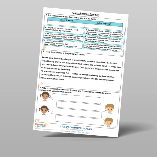 An image of the Consolidating Speech Homework Resource