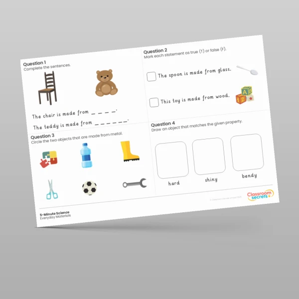 An image of the Everyday Materials 5-Minute Science Resource