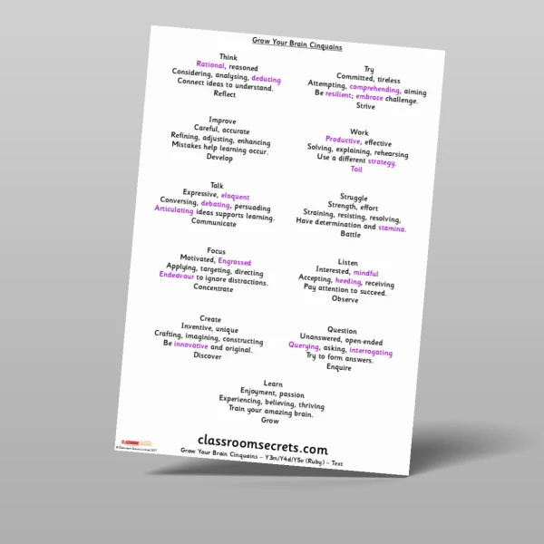 An image of the Grow Your Brain Cinquains Ruby Guided Reading Pack Resource