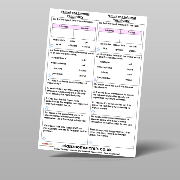 An image of the Formal and Informal Vocabulary Varied Fluency Resource