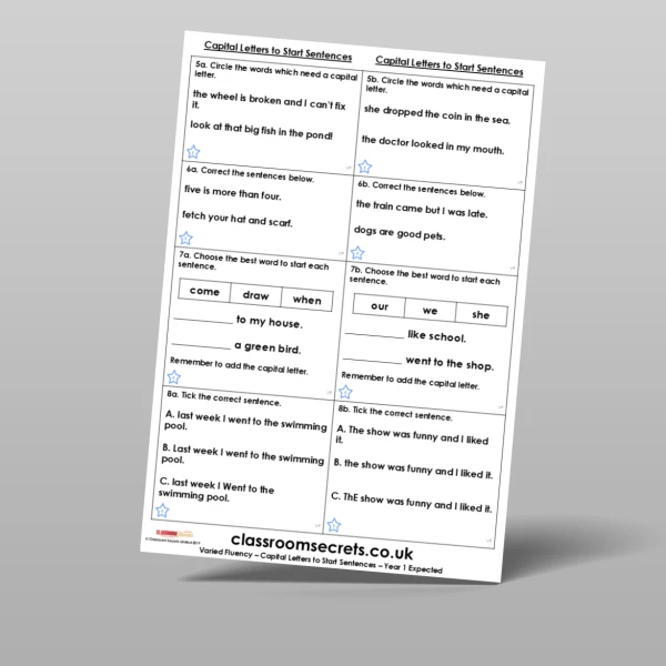 An image of the Capital Letters to Start Sentences Varied Fluency Resource