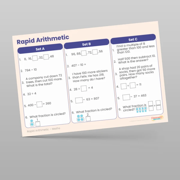 An image of the Spring 1 Week 2 Rapid Arithmetic Resource