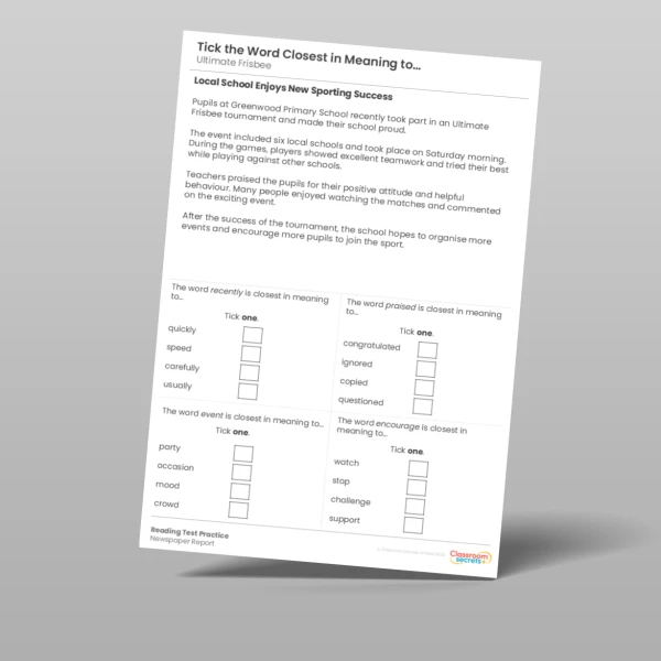 An image of the Tick the Word Closest in Meaning Reading Test Practice Sport Resource