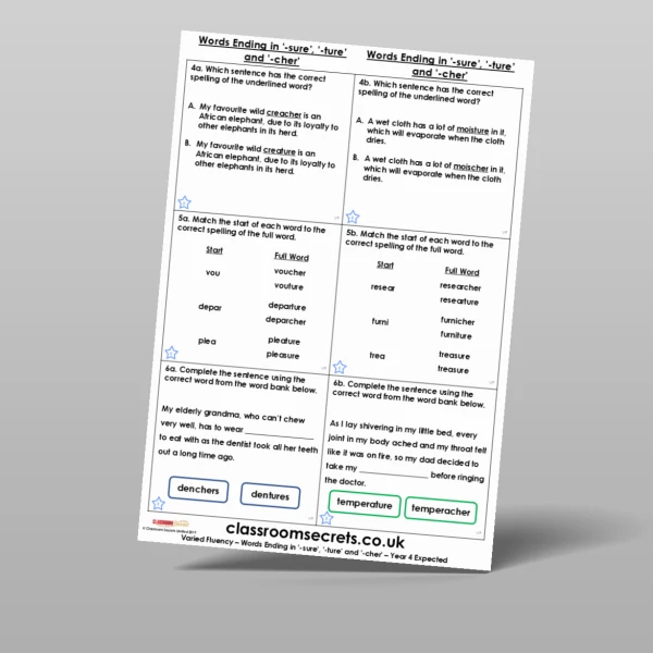An image of the Words Ending in '-sure', '-ture' and '-cher' Varied Fluency Resource