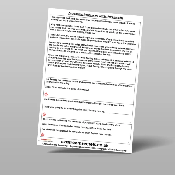 An image of the Organising Sentences within Paragraphs Application and Reasoning Resource