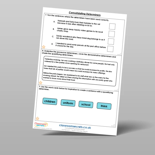 An image of the Free Consolidating Determiners Homework Resource