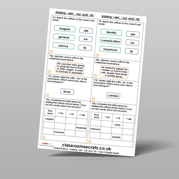 An image of the Adding '-ate', '-'ise' and '-ify' Varied Fluency Resource