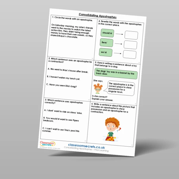 An image of the Consolidating Apostrophes Prior Learning Resource