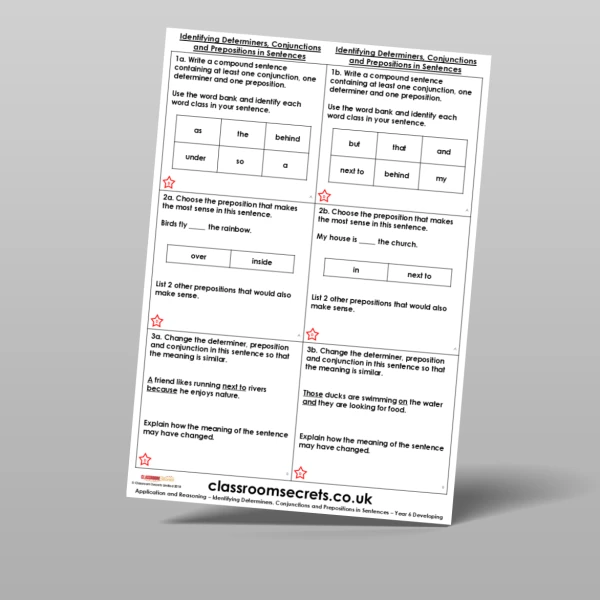 An image of the Identifying Determiners, Conjunctions and Prepositions in Sentences Application and Reasoning Resource