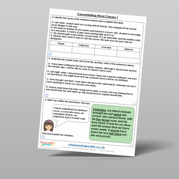 An image of the Consolidating Word Classes 1 Homework Resource
