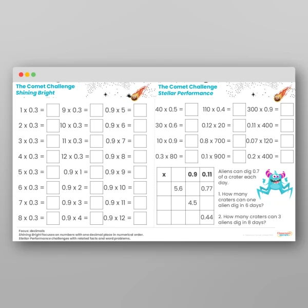 An image of the Challenge 13 Comets Decimals Times Tables Resource