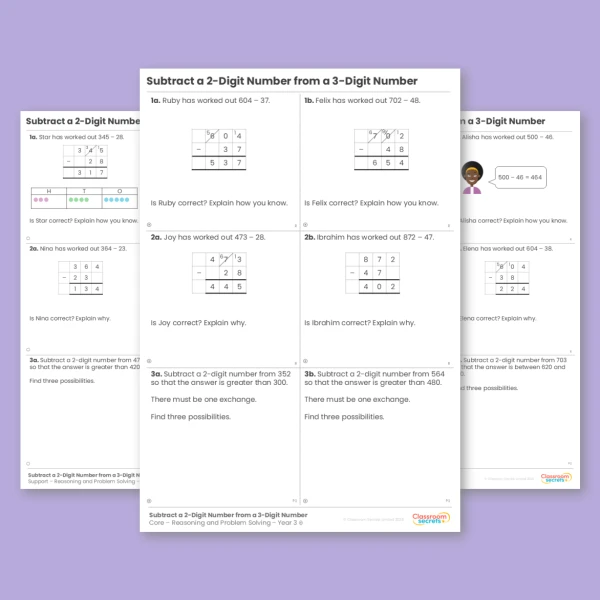 Year 3 Subtract a 2-Digit Number from a 3-Digit Number Addition and Subtraction Reasoning and Problem Solving