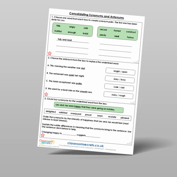 An image of the Consolidating Synonyms and Antonyms Homework Resource