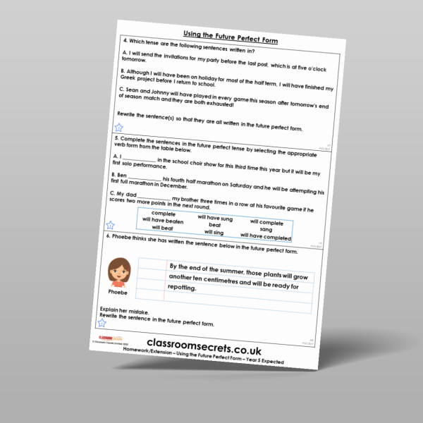 Year 5 Using The Future Perfect Form Homework Resource | Classroom Secrets