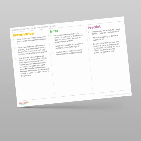 An image of the Reading Skills - Skellig - Chapters 1 & 2 Resource