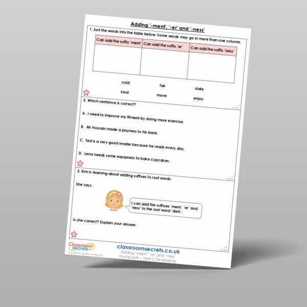 An image of the Adding '-ment', '-er' and '-ness' Homework Resource