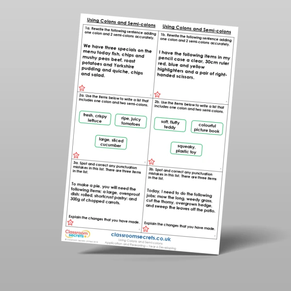 An image of the Using Colons and Semi-colons Application and Reasoning Resource