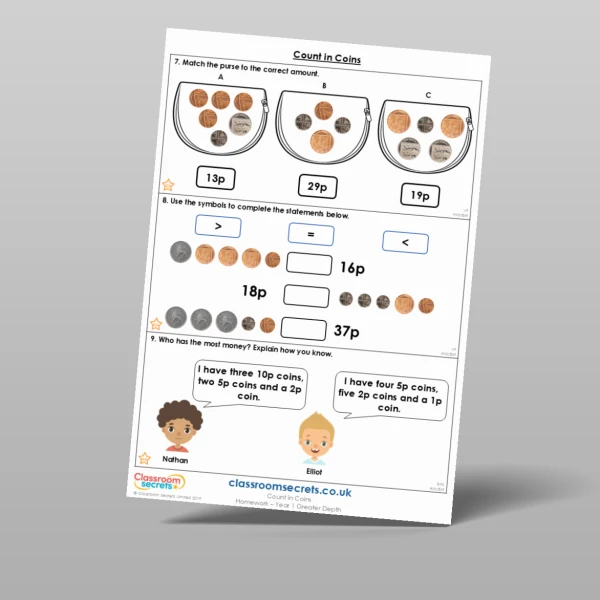 An image of the Count in Coins Homework Resource