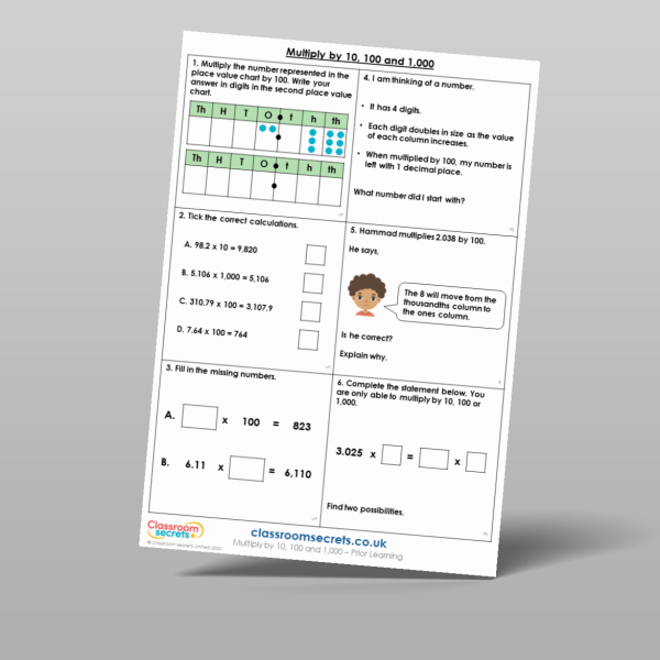 Year 6 Multiply By 10 100 And 1 000 Prior Learning Resource | Classroom ...