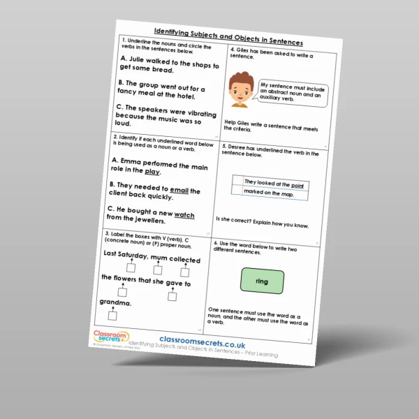 An image of the Identifying Subjects and Objects in Sentences Prior Learning Resource