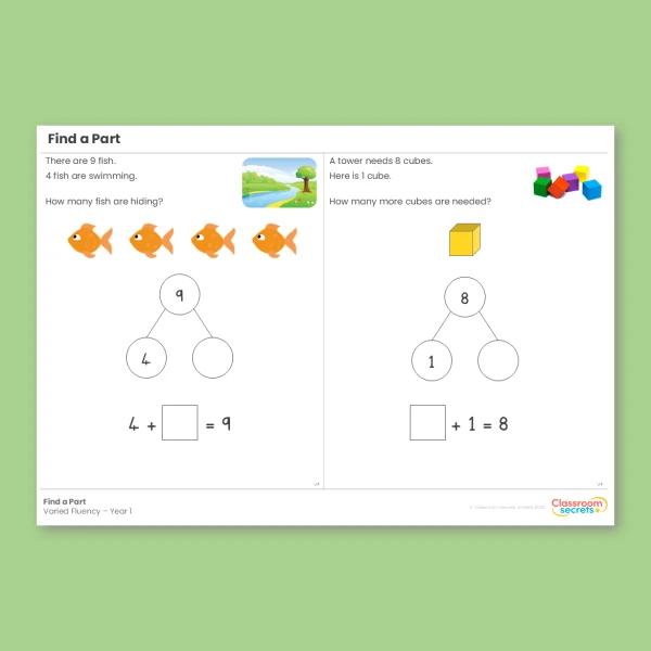 Year 1 Find a Part Addition and Subtraction within 10 Varied Fluency