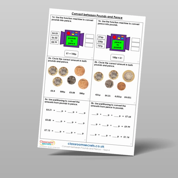 An image of the Convert between Pounds and Pence Varied Fluency Resource