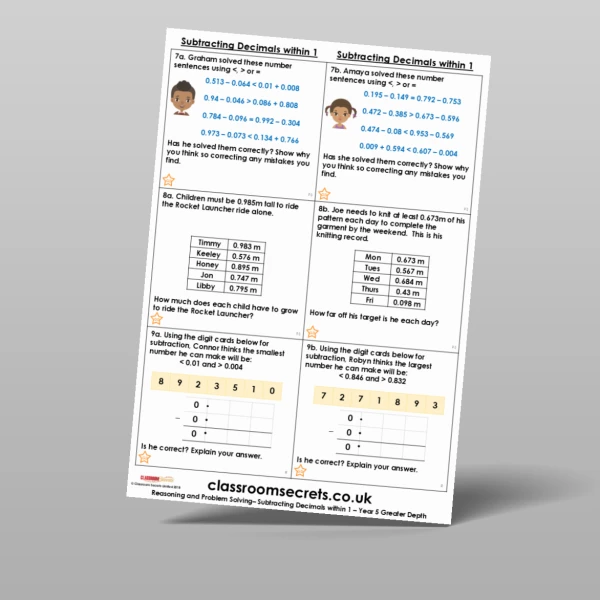 An image of the Subtracting Decimals within 1 Reasoning and Problem Solving Resource