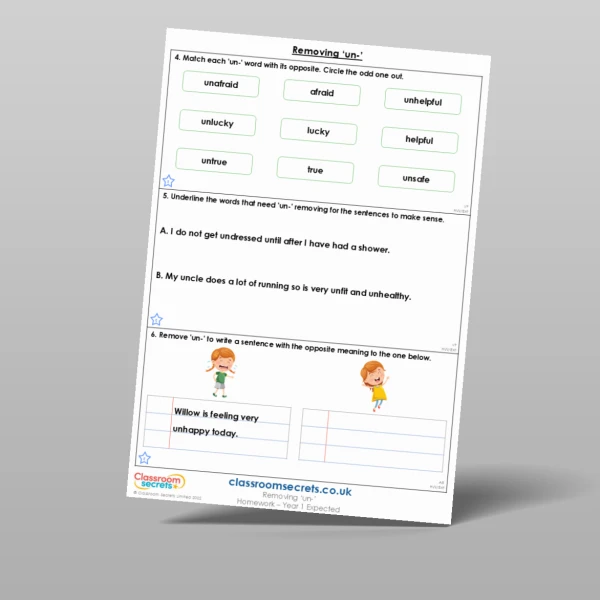 An image of the Removing 'un-' Homework Resource