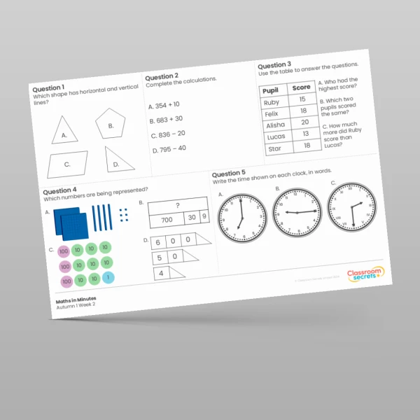 An image of the Autumn 1 Week 2 Maths in Minutes Resource