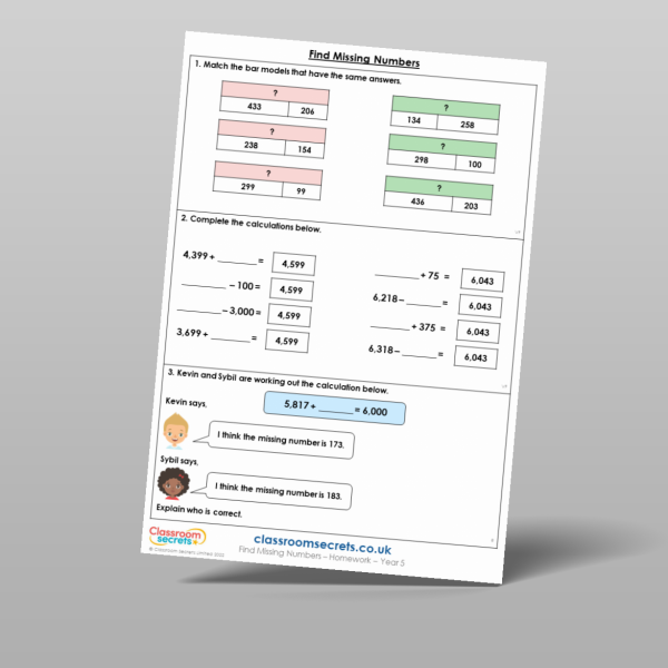 Year 5 Find Missing Numbers Homework Resource | Classroom Secrets