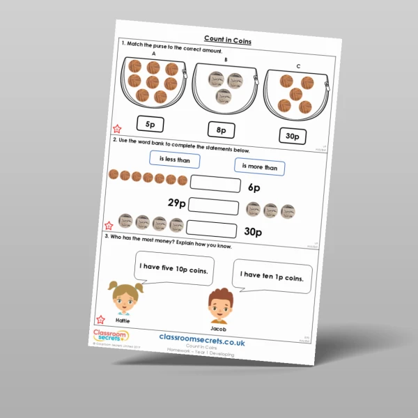 An image of the Count in Coins Homework Resource