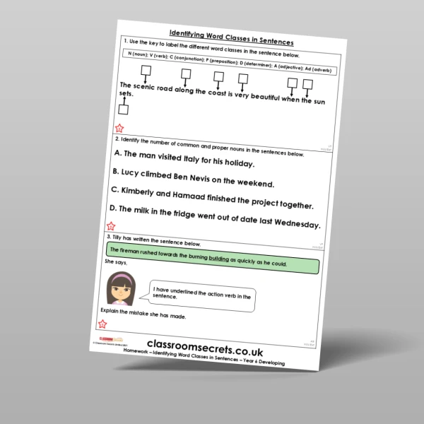 An image of the Identifying Word Classes in Sentences Homework Resource