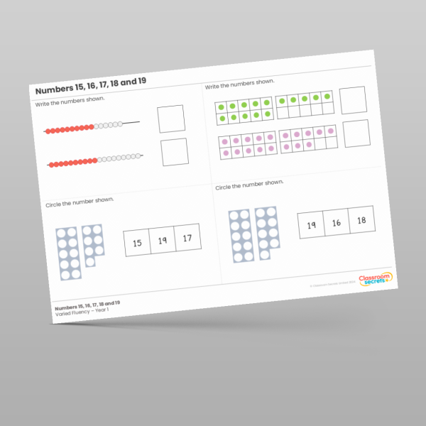 Year 1 Numbers 15 16 17 18 And 19 Varied Fluency Resource | Classroom ...