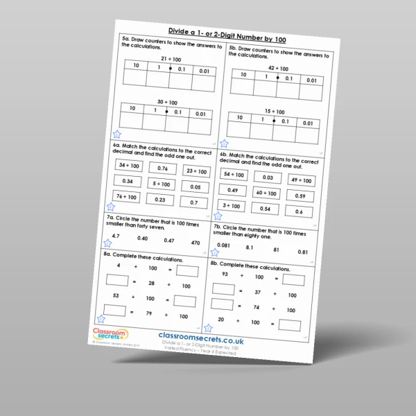 An image of the Divide a 1 or 2-Digit Number by 100 Varied Fluency Resource