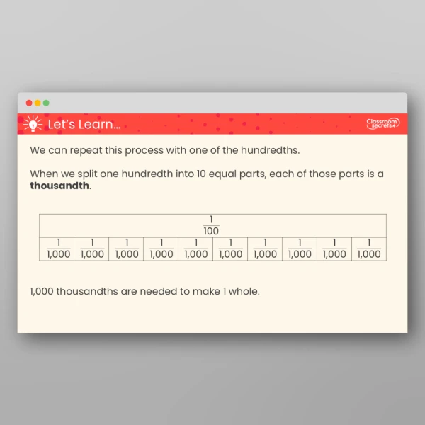 An image of the Thousandths as Fractions Teaching PPT Resource