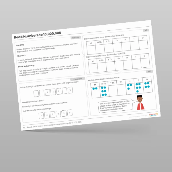 An image of the Read Numbers to 10,000,000 (4 questions) Tutor Mat Resource