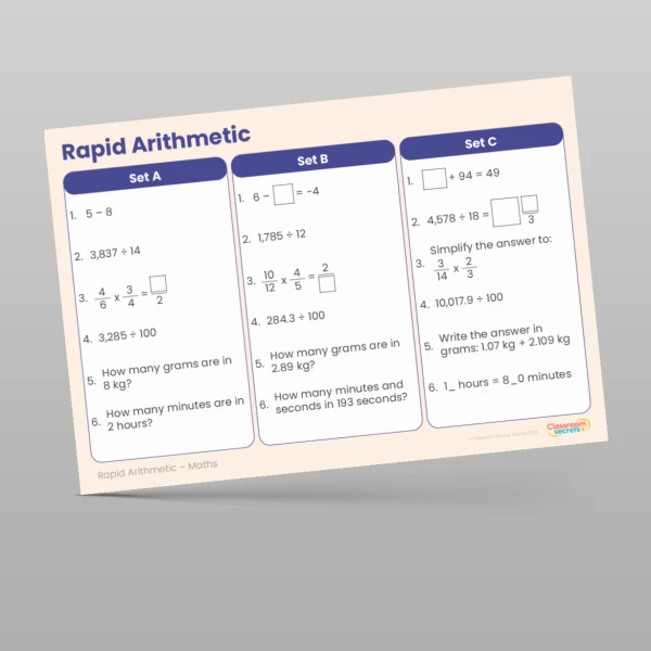 An image of the Free Summer 1 Week 1 Rapid Arithmetic Resource