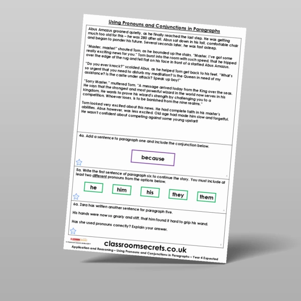 An image of the Using Pronouns and Conjunctions in Paragraphs Application and Reasoning Resource
