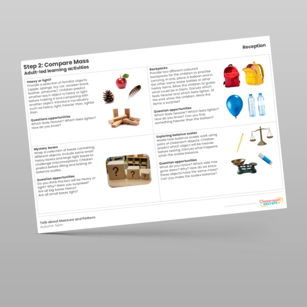 An image of the WR Maths Aligned Planning Reception Step 2 Compare Mass Resource