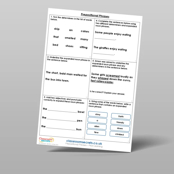 An image of the Prepositional Phrases Prior Learning Resource