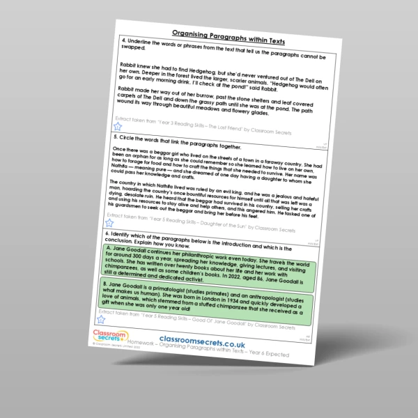 An image of the Organising Paragraphs within Texts Homework Resource