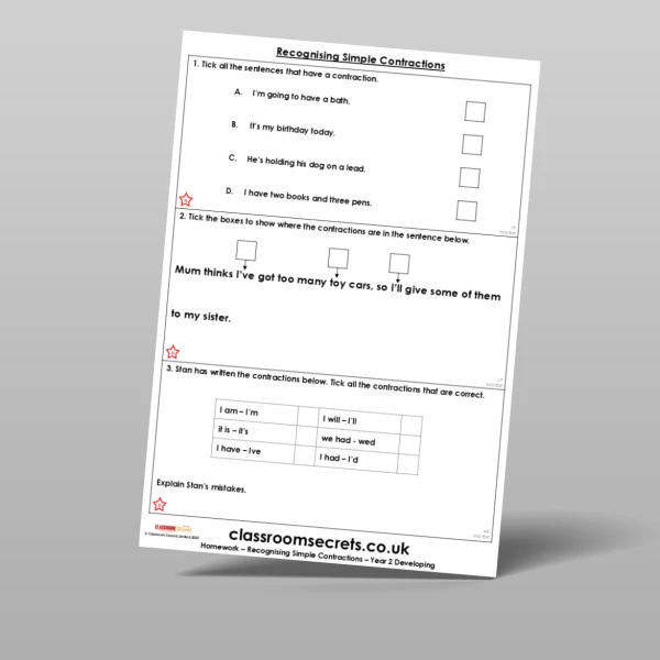 An image of the Free Recognising Simple Contractions Homework Resource