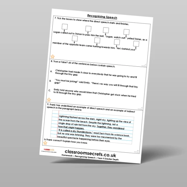 An image of the Free Recognising Speech Homework Resource